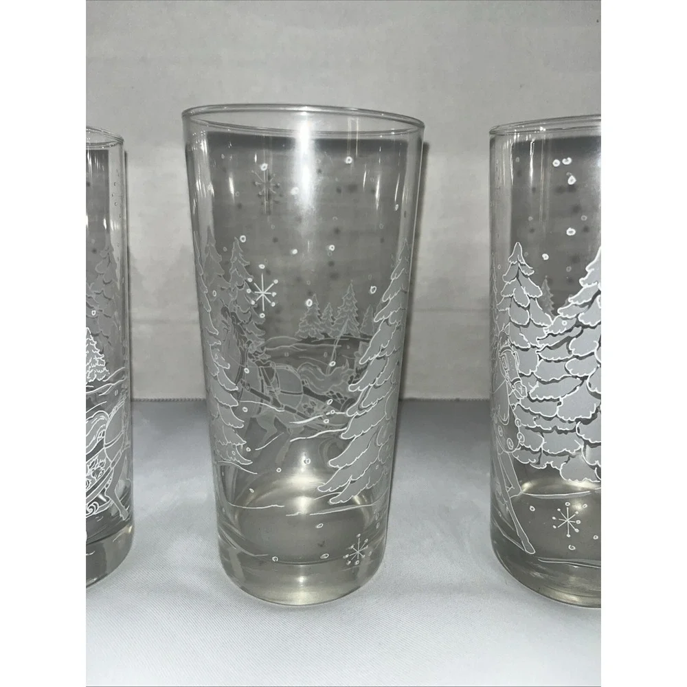 3 Libbey Glass Highball Tumbler Winter Wonder Land Scene Snow Frosted Trees Pine - Picture 5 of 5